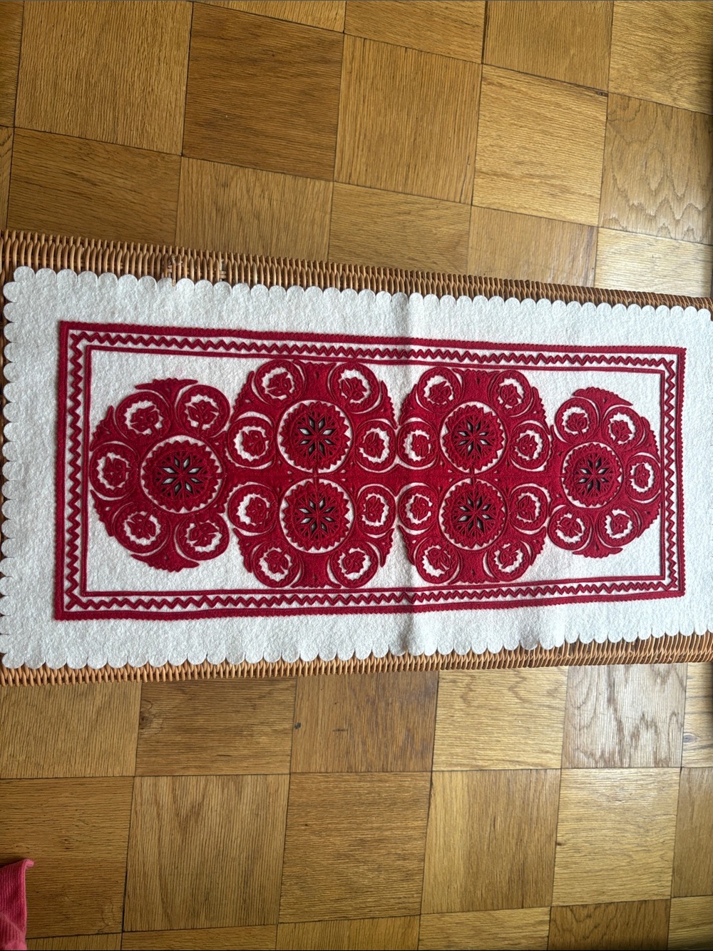 Vintage White Runner with Red Embroidered Medallions